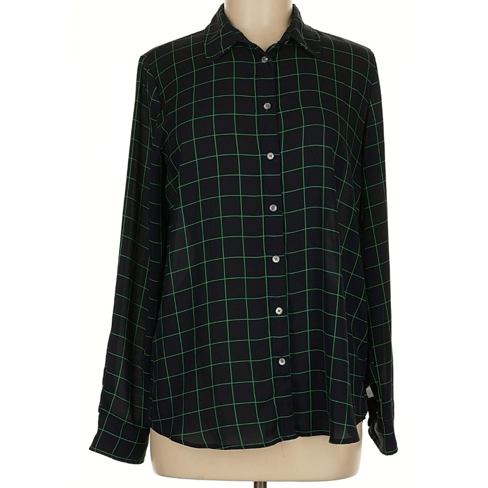 J. Crew Factory Black and Green Plaid Blouse